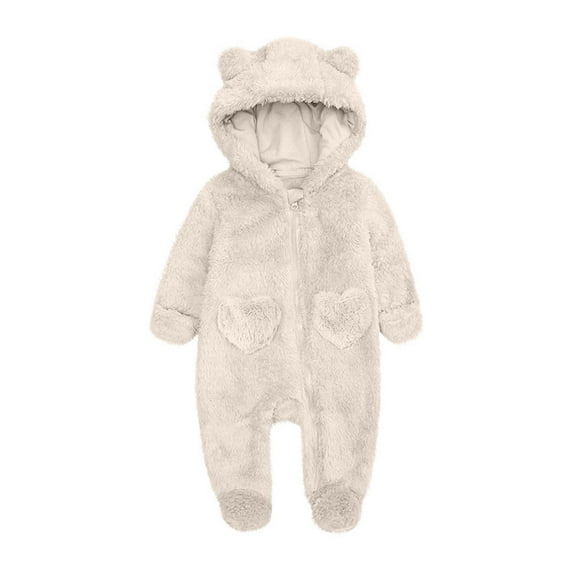 AINIYS Kids Bear-Ear Plush Romper with Hooded Neckline Zip Closure Heart Pockets, Plush Warm Children's Clothing for Winter & Casual Wear Beige 6 Months