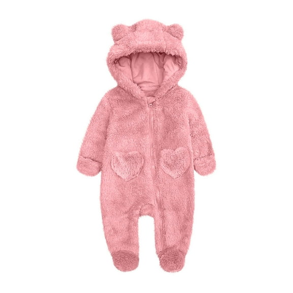 AINIYS Kids Bear-Ear Plush Romper with Hooded Neckline Zip Closure Heart Pockets, Plush Warm Children's Clothing for Winter & Casual Wear Pink 0 Months