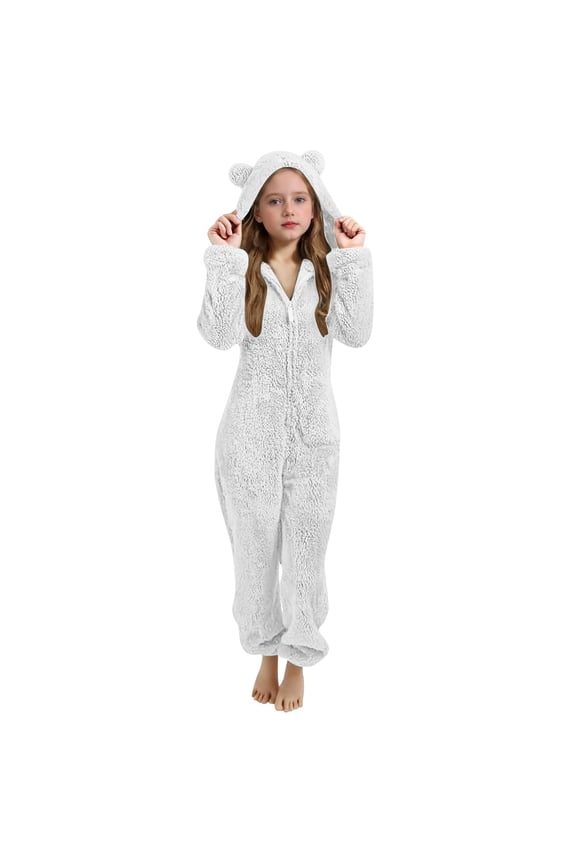 Kids Bear-Hooded Plush Onesie Children's Clothing for Sleep & Casual Wear White 7 Years