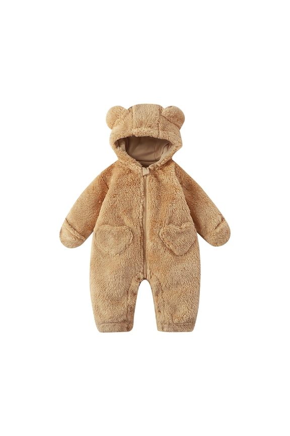 Kids Bear-Hooded Plush Romper with Heart Pockets Children's Clothing for Winter & Casual Wear Coffee 6 Months