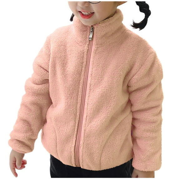 AINIYS Kids Fall Winter Coat Zip Up Fleece Jacket with Pockets Warm Solid Color Outwear Boys Girls Stand-Up Collar Cute Tops Pink 1-2Years