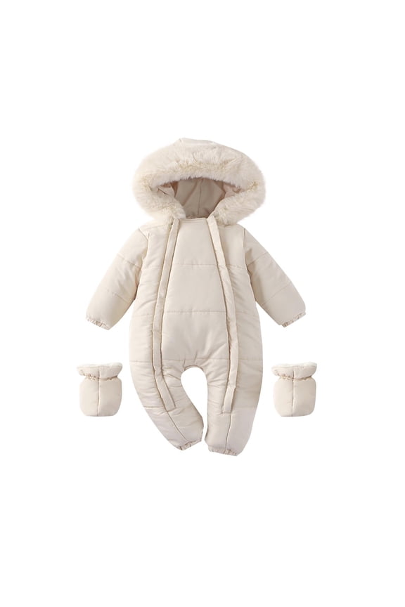 Kids Faux Fur Hood Snowsuit Set with Mittens Children's Clothing for Winter & Outdoor Wear Beige 3 Months