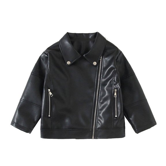 AINIYS Kids' Faux Leather Biker Jacket with Notch Collar Asymmetric Zipper Closure Stylish Lightweight Coat for Casual Daily Streetwear Wear Black 4 Years
