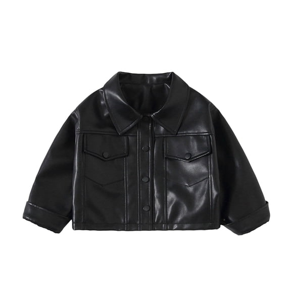 AINIYS Kids' Faux Leather Cropped Jacket with Notch Collar Button Closure Pocketed Stylish Coat for Casual Daily Streetwear Wear Black 11 Years