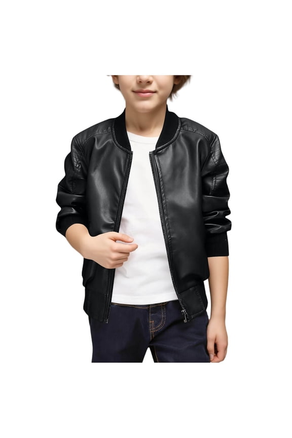 Kids' Faux Leather Jacket with Ribbed Trim Zipper Closure Stylish Casual Coat for Fall Daily Wear Black 11 Years