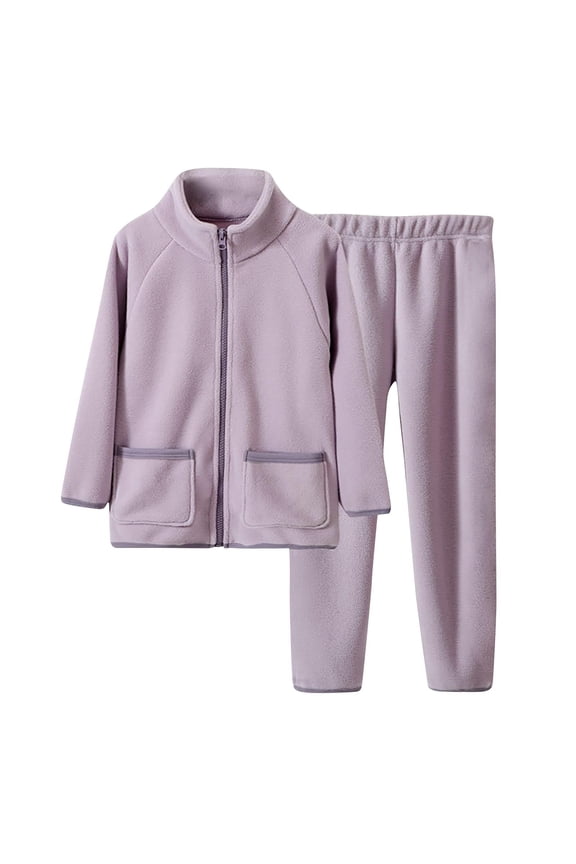 Kids Fleece Set Zip-Up Jacket & Pants Outfit Warm Pocketed Children's Clothing for Loungewear & Casual Wear Purple 12 Years