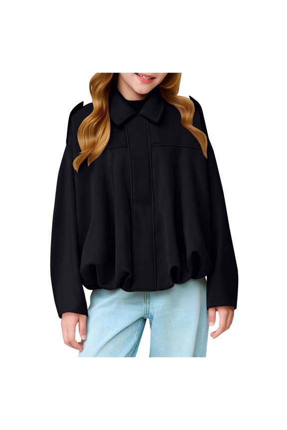 Kids' Jacket with Lapel Collar Snap Closure Structured Stylish Coat for Fall Casual Daily Wear Black 150