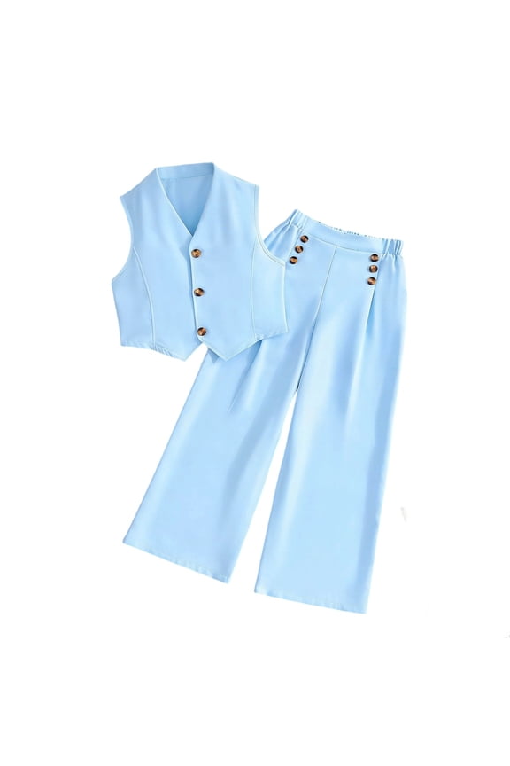 Kids Long Sleeve Button Down Collar Button Closure Loose Stylish Comfortable Shirt And Pants Set For School Gathering Outing Sky Blue 9-10 Years