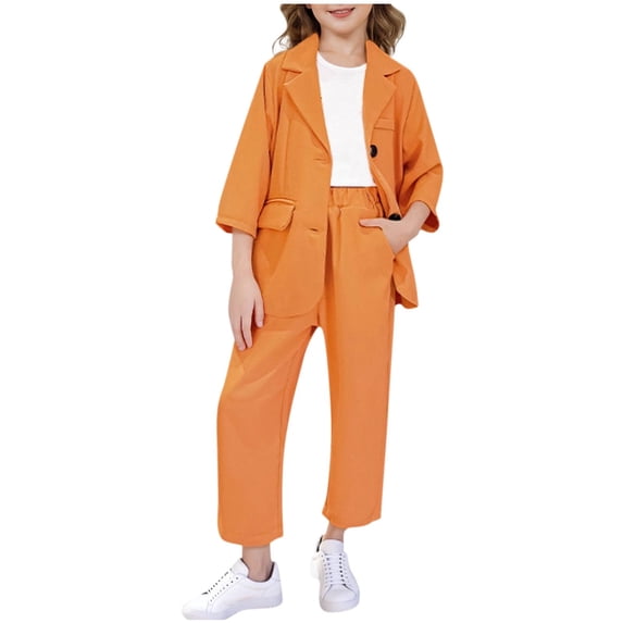 AINIYS Kids Long Sleeve Lapel Collar Button Closure Formal Stylish Breathable Two Piece Blazer And Wide Leg Pants Set For Event School Daily Orange 6 Years