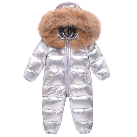 AINIYS Kids Metallic Snowsuit with Faux Fur Hooded Neckline, Zip Closure, Warm Design Children's Clothing for Winter & Outdoor Wear White 2 Years