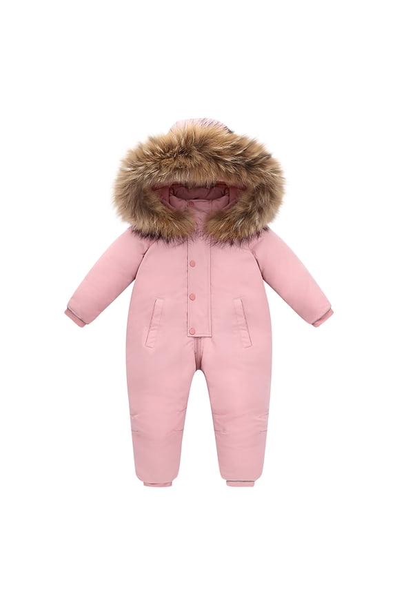 Kids Padded Snowsuit with Faux Fur Hooded Neckline, Snap Closure, Warm Design Children's Clothing for Winter & Outdoor Wear Pink 2 Years
