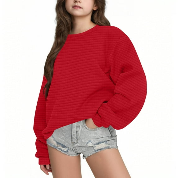 AINIYS Kids' Pullover Sweatshirt Crew-neck Long-sleeve Tops Solid Color Casual Round Neck Sweatshirt Winter Pure Color Striped Sweatshirt Red 12-13Years