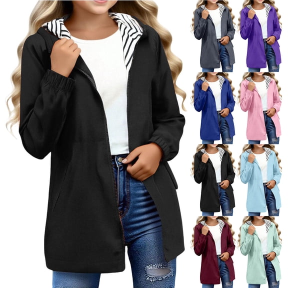 AINIYS Kids Rain Jacket With Hood Waterproof Windbreaker Fall Lightweight Zip Up Striped Lined Raincoat with Pockets Light Blue 15 Years