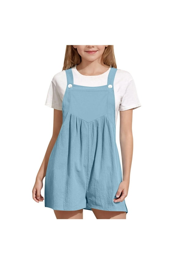 Kids Ruffled Overall Shorts Spaghetti Strap Soft with Snap Closure for Birthday Parties and Family Gatherings Blue 13 Years