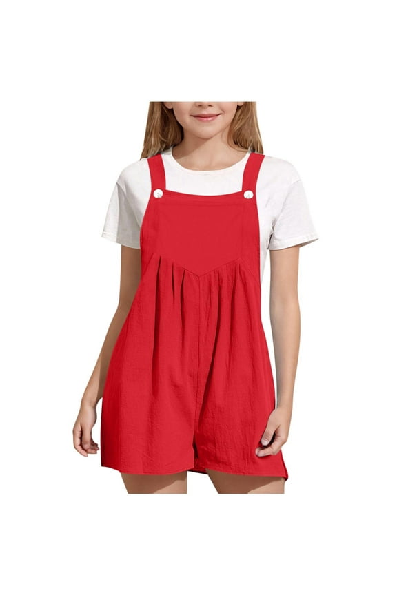 Kids Ruffled Overall Shorts Spaghetti Strap Soft with Snap Closure for Birthday Parties and Family Gatherings Red 13 Years