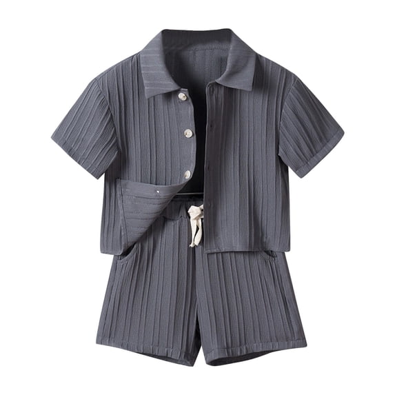 AINIYS Kids Short Sleeve Lapel Collar Button Closure Casual Breathable Durable Two Piece Shirt And Shorts Set For Daily Wear Vacation Play Gray 2 Years