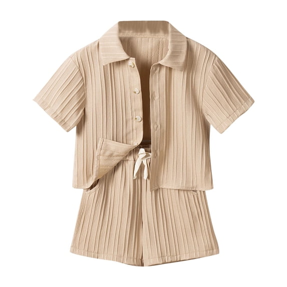AINIYS Kids Short Sleeve Lapel Collar Button Closure Casual Breathable Durable Two Piece Shirt And Shorts Set For Daily Wear Vacation Play Khaki 5 Years