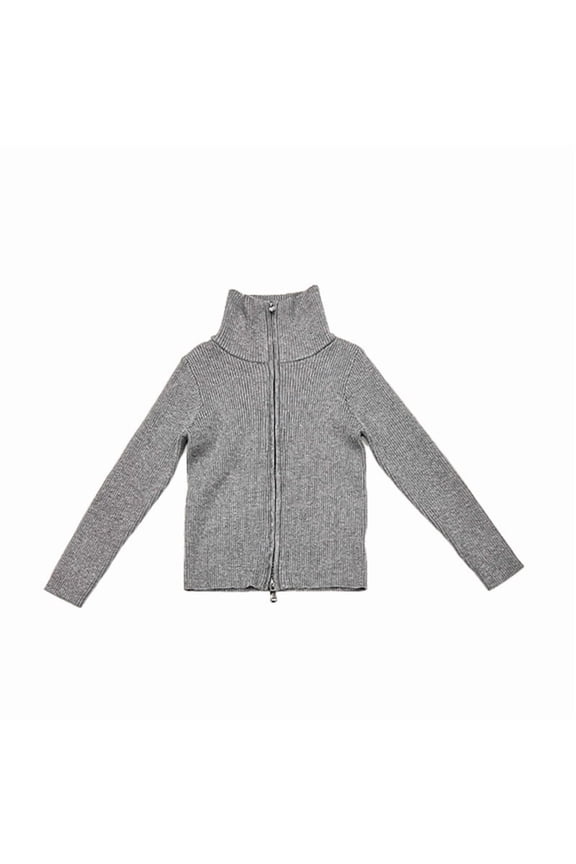 Kids' Turtleneck Knit Zip-Up Jacket with Ribbed Warm Casual Coat for Fall Winter Daily Outdoor Wear Gray 1 Year