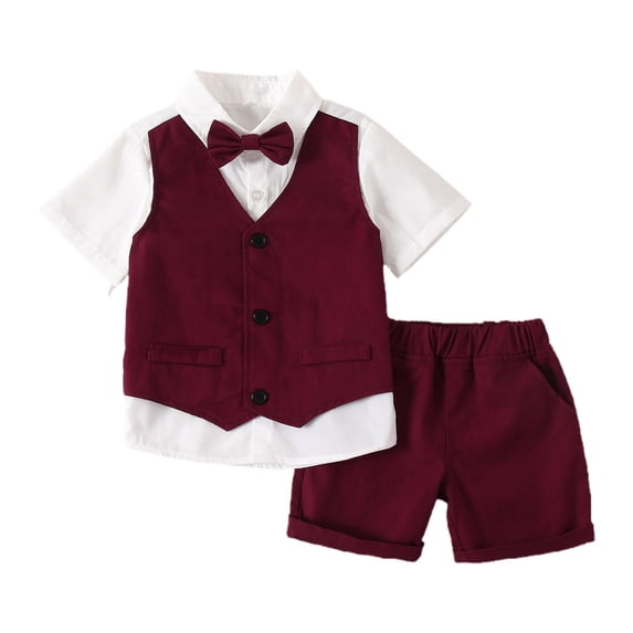 AINIYS Kids V Neck Pullover Button Closure Formal Polished Three Piece Vest Shirt And Shorts Set For Wedding Party Performance Wine 80