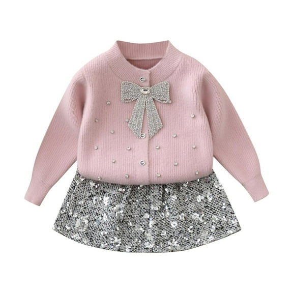 AINIYS Knitted Rhinestone Sweater Set Girls' Cardigan Long Sleeve Fabric Cute Print Two-piece Outfit Top and Skirt for Wedding Party Special Pink 2 Years