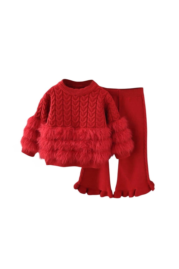 Knitted Sweater Set for Girls Two-piece Winter Outfit Soft Breathable Fabric Long Sleeve Cute for Family Gatherings Casual Wear Red 2 Years
