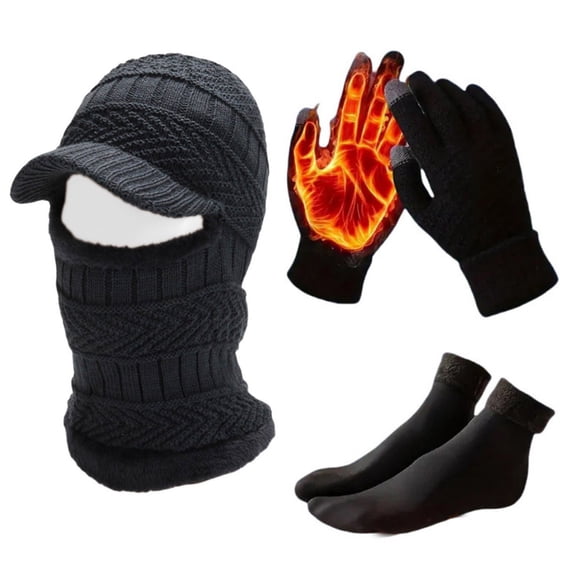 AINIYS Knitted Winter Hat Gloves Scarf Set Warm Velvet Protection Touchscreen Soft Outdoor Activities Three Piece Set Gray Free Size