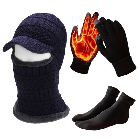 AINIYS Knitted Winter Hat Gloves Scarf Set Warm Velvet Protection Touchscreen Soft Outdoor Activities Three Piece Set Navy Free Size
