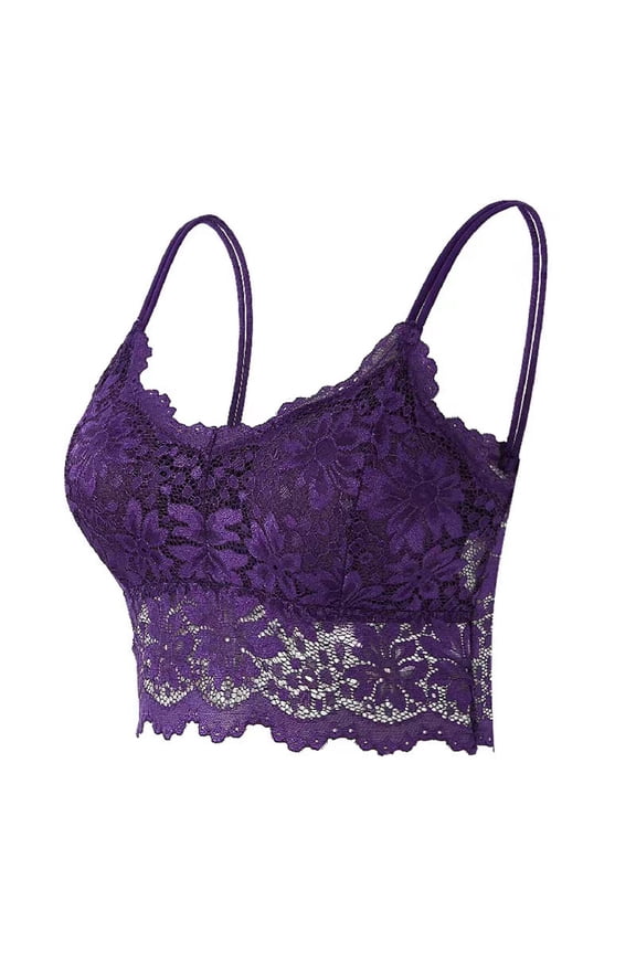 Lace Bralettes Stretchy Camisoles Secure Fit Bra for Women Longline Bra Bralette Camisole Floral Bandeau Bra Crop Top Spaghetti Strap Breathable Everyday Bras Purple M