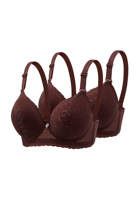 Lace Mesh Cleavage Bra Lift and Support Push-Up Bra Secure Fit Bra for Women Light Padding Bras Bralette Underwire High Support Plus Size Breathable Everyday Bras Embroidery Brown 40