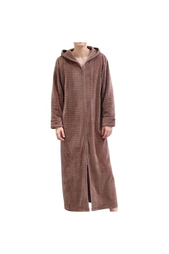 Long Hooded Zipper Bathrobe for Mens Flannel Fleece Robes Winter Warm Nightgown Sleepwear Hoodie Pajamas Coffee Pajamas for Men _q M