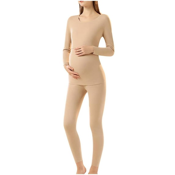 AINIYS Maternity Thermal Underwear Set Long Base Layer with Fleece Lined Top and Bottom Outfits for Pregnant Women Beige XXL