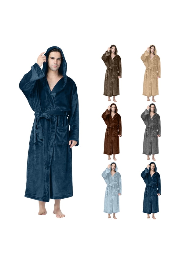 Men's Hooded Bathrobe Long Sleeve Soft Polyester with Pockets Casual Waist Tie for Relaxation and Daily Use Khaki XXL