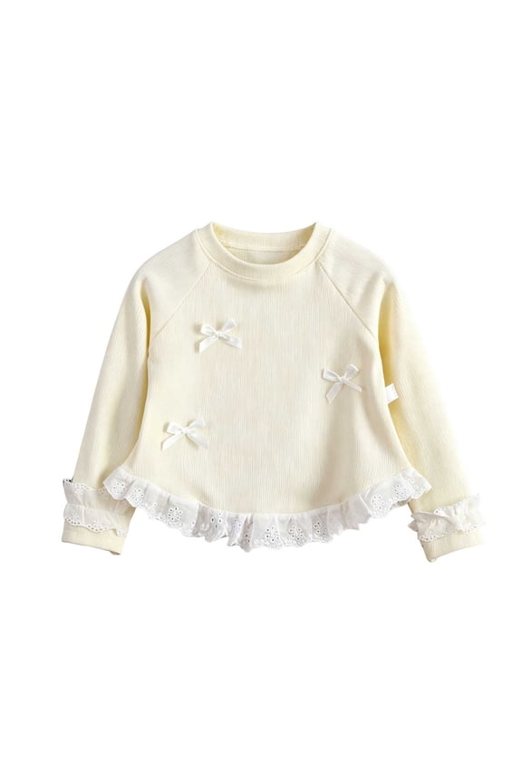 Round Neck Bow Lace Ruffle Top Girls Raglan Sleeve Curved Edge Casual Cute Pullover Beige 2-3 Years