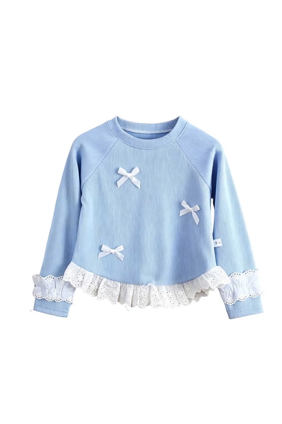 Round Neck Bow Lace Ruffle Top Girls Raglan Sleeve Curved Edge Casual Cute Pullover Blue 0-1 Years