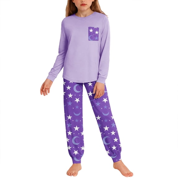 AINIYS Round Neck Pocket Star Moon Print Jogger Pants Pajama Set Girls Round Neck Pullover Cute Dreamy Sleepwear Outfit Purple 11 Years
