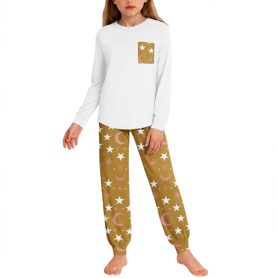 AINIYS Round Neck Pocket Star Moon Print Jogger Pants Pajama Set Girls Round Neck Pullover Cute Dreamy Sleepwear Outfit Yellow 9 Years