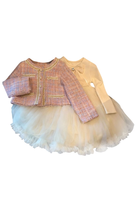 Round Neck Tweed Jacket Tulle Dress Set Girls Round Neck Button Closure Elegant Formal Occasion Outfit Pink 3-4 Years