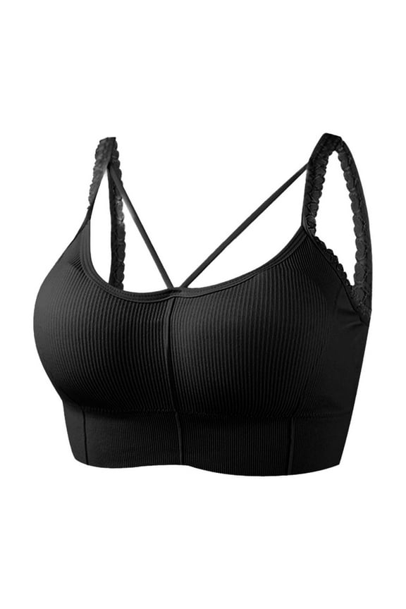 Secure Fit Bra for Women Floral Lace Wide Straps Sports Yoga Bra Breathable Everyday Bras Cross Strap & Stretchy Smocked Back Bralette Black L