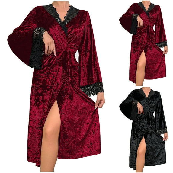 AINIYS Sexy Long Sleeve Lace Robe Velvet Sleepwear Soft Homewear Nightgown for Women, able Stylish Long Bathrobe for Daily Wear Wine L