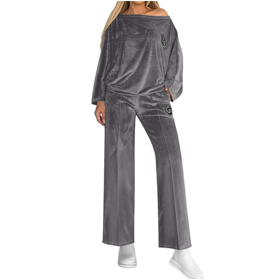 AINIYS Soft Velour Outfits for Women Casual off-shoulder Set Solid Color Velvet Sweatshirt and Sweatpants Fall Outfits Dark Gray XXXL
