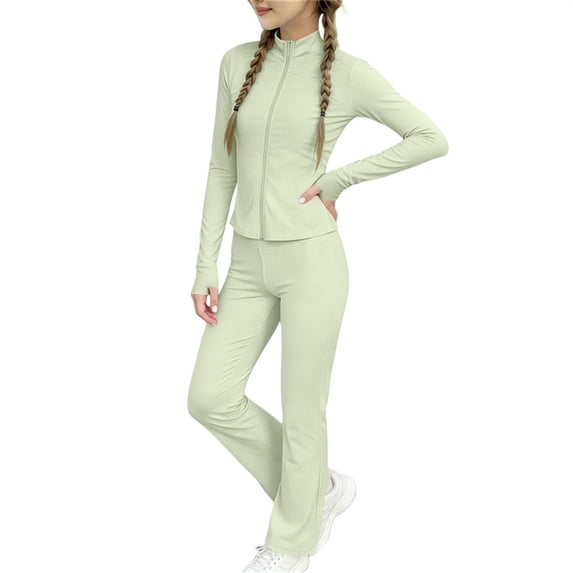 AINIYS Stand Collar Zip Up Slim Fit Athletic Set Girls Stand Collar Zip Up Top Breathable Stretchy Sportswear Outfit Green 9-10Years