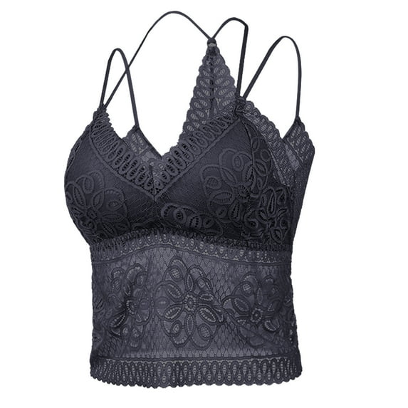 AINIYS Strappy Cami Padded Lace Bralette Cross Strap & Stretchy Smocked Back Crochet Bra Crop Top Longline Bra Breathable Everyday Bras Secure Fit Bra for Women Sports Yoga Bra Bralette Black L