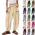 thumbnail image 1 of AINIYS Sweatpants Women High Waisted Wide Leg Pants Drawstring Elastic Waist Contrast Patchwork Pants with Pockets Beige L, 1 of 9