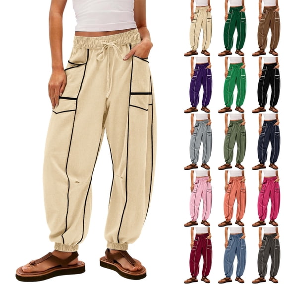AINIYS Sweatpants Women High Waisted Wide Leg Pants Drawstring Elastic Waist Contrast Patchwork Pants with Pockets Beige L