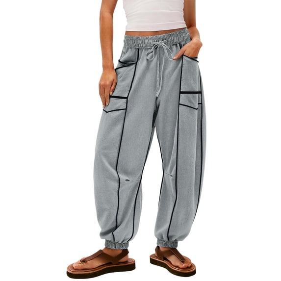 AINIYS Sweatpants Women High Waisted Wide Leg Pants Drawstring Elastic Waist Contrast Patchwork Pants with Pockets Gray L