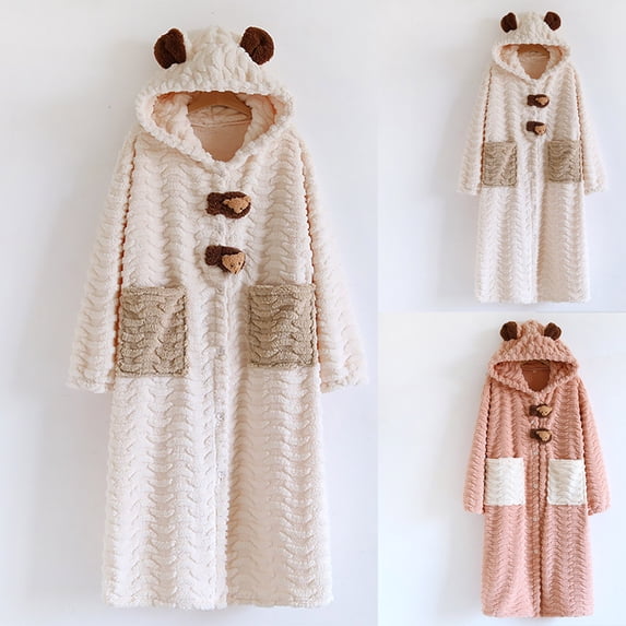 AINIYS Thick Long Velvet Bathrobe for Women, Solid Color Cozy Sleepwear, Winter Home Wear Robe, Soft able Lounge Gown Beige M