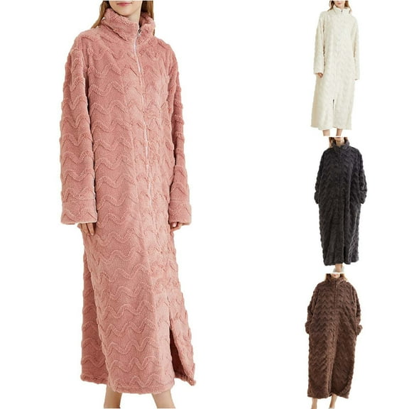 AINIYS Thickened Flannel Long Bathrobe with Zipper and Pockets for Women, Stylish V-Neck , Warm Sleepwear for Fall & Winter Home Use Pink M
