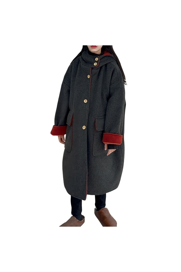 Thickened Quilted Woolen Girls' Hooded Long Coat Soft Comfortable Long Sleeves Loose Casual Jacket for Vacation School Sports Daily Wear Gray 11 Years
