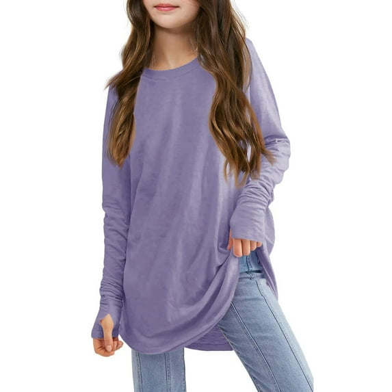 AINIYS Toddle Solid Color Kids Fashion Clothes Vintage Fall and Spring Sweatshirt 3 Years Girls Round Neck Plus Size Basic Tees Thumb Button Long Sleeve T-Shirts for 2025 Casual Loose Pullover