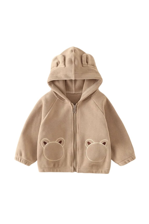 Toddler Fall Winter Coat Fleece Zip up Hooded Cute Bear Ears Hoodie Warm Fuzzy Baby Kids Jacket Outerwear with Pockets Khaki 3-4Years